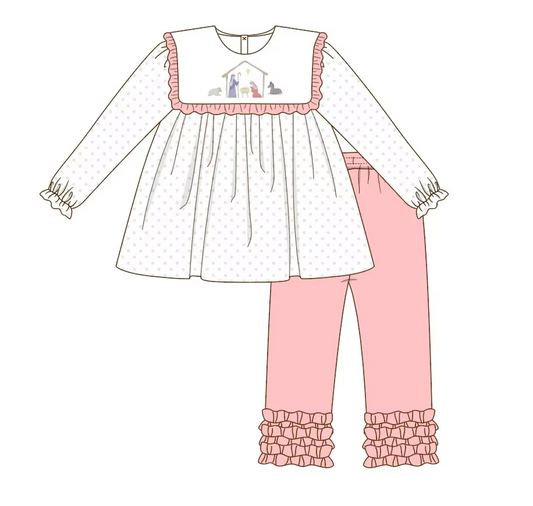 Custom moq 3 eta 7/8week moq 5 eta /4/5week Baby Nativity Polka Dot White Square Neck Long Sleeve Top-Watercolor Pants Set