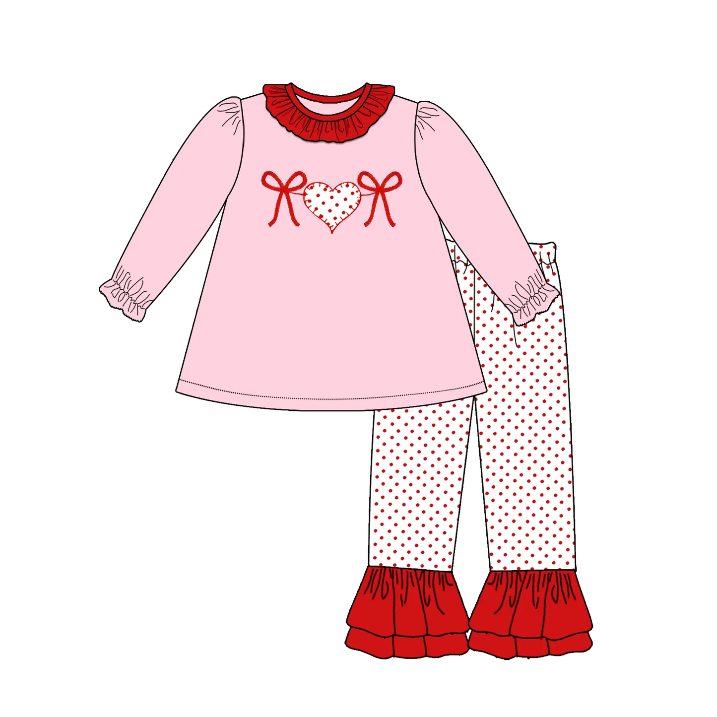 Custom moq 3 eta 7/8week moq 5 eta /4/5week Red bow polka dot heart pattern pink long-sleeved suit