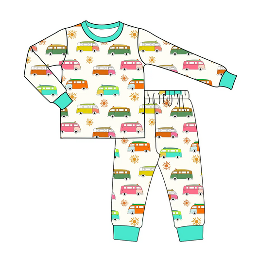 Custom moq 3 eta 7/8week moq 5 eta /4/5week Sun & School Bus Pattern Lake Green Long Sleeve Suit