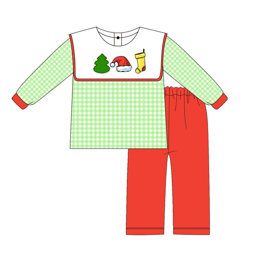 Custom moq 3 eta 7/8week moq 5 eta /4/5week White Square Neck Green Plaid Long Sleeve Top & Red Pants Set