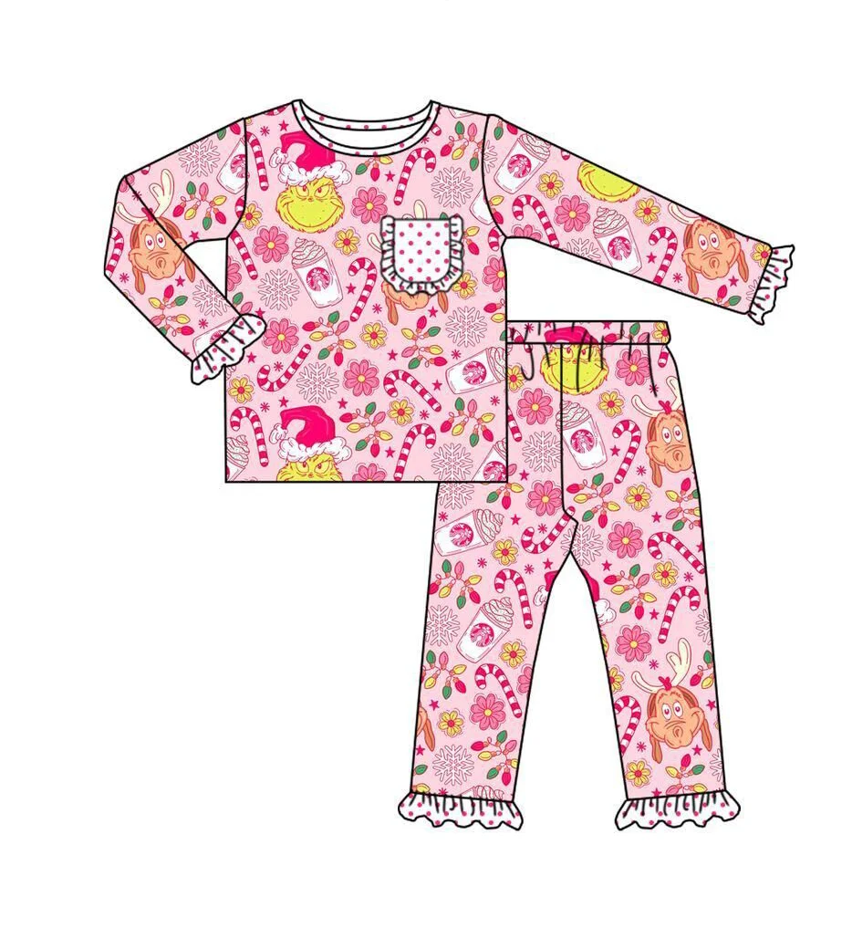 Custom moq 3 eta 7/8week moq 5 eta /4/5week Rose Pink Christmas Elk and Puppy Pattern Polka Dot Long Sleeve Suit