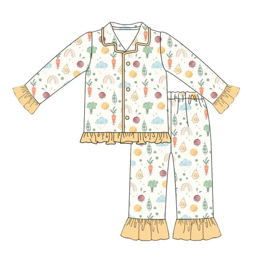 Custom moq 3 eta 7/8week moq 5 eta /4/5week Beige Clouds-Rainbow-Vegetables Button-Down Cardigan Long Sleeve Pajama Set