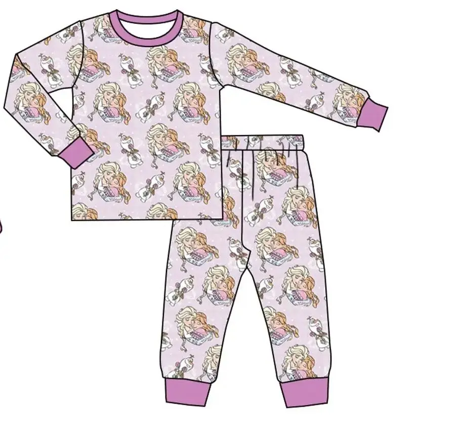 Custom moq 3 eta 7/8week moq 5 eta /4/5week Snowman & Braid Girl Pattern Light Purple Long Sleeve Set