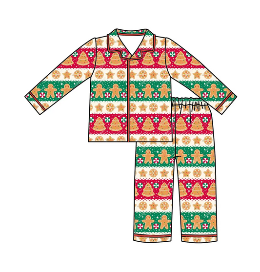 Custom moq 3 eta 7/8week moq 5 eta /4/5week Biscuit Series Bear-Tree-Geometric Red and Green Large Striped Button Cardigan Long Pajama Set