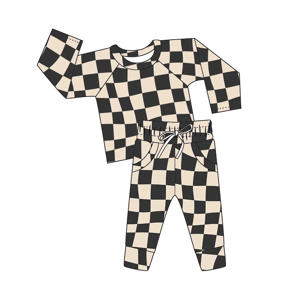 Custom moq 3 eta 7/8week moq 5 eta /4/5week Off-White & Black Plaid Pocket Long Sleeve Suit