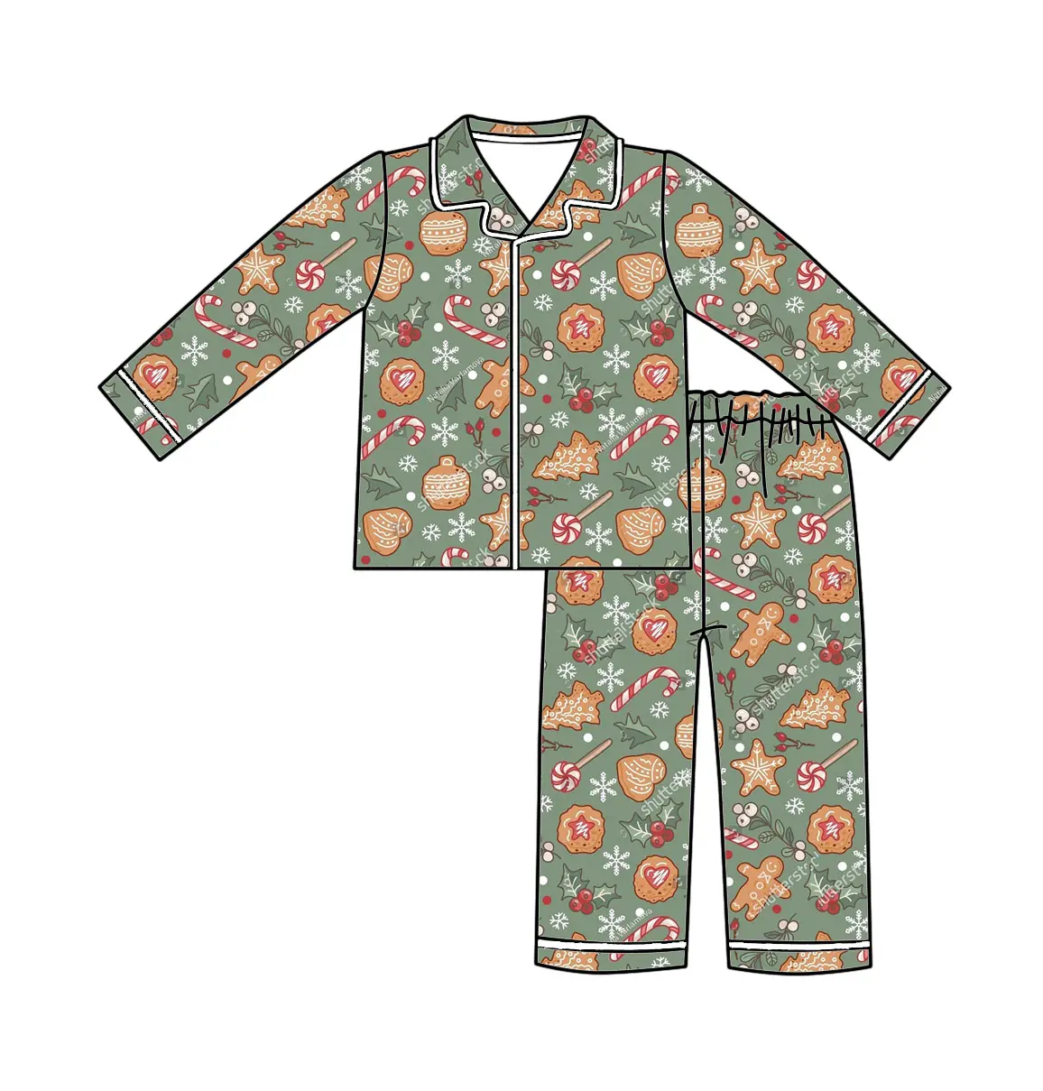 Custom moq 3 eta 7/8week moq 5 eta /4/5week Biscuit Series Bear-Tree-Five-Pointed Star Gray Green Button Cardigan Long Pajama Set