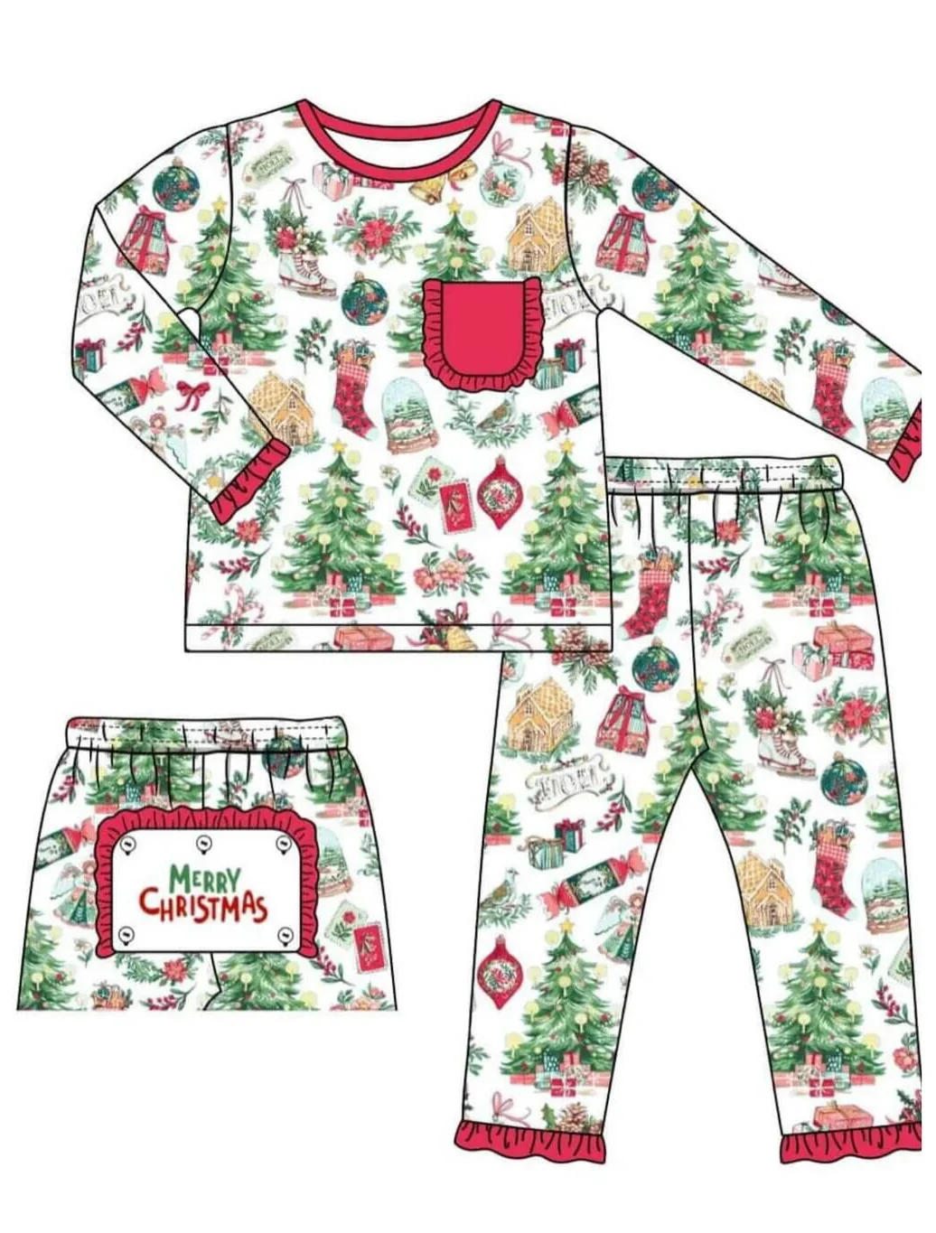 Custom moq 3 MIX SIZE eta 7/8week moq 5 eta /4/5week Realistic Christmas tree pattern boy and girl long sleeve suit