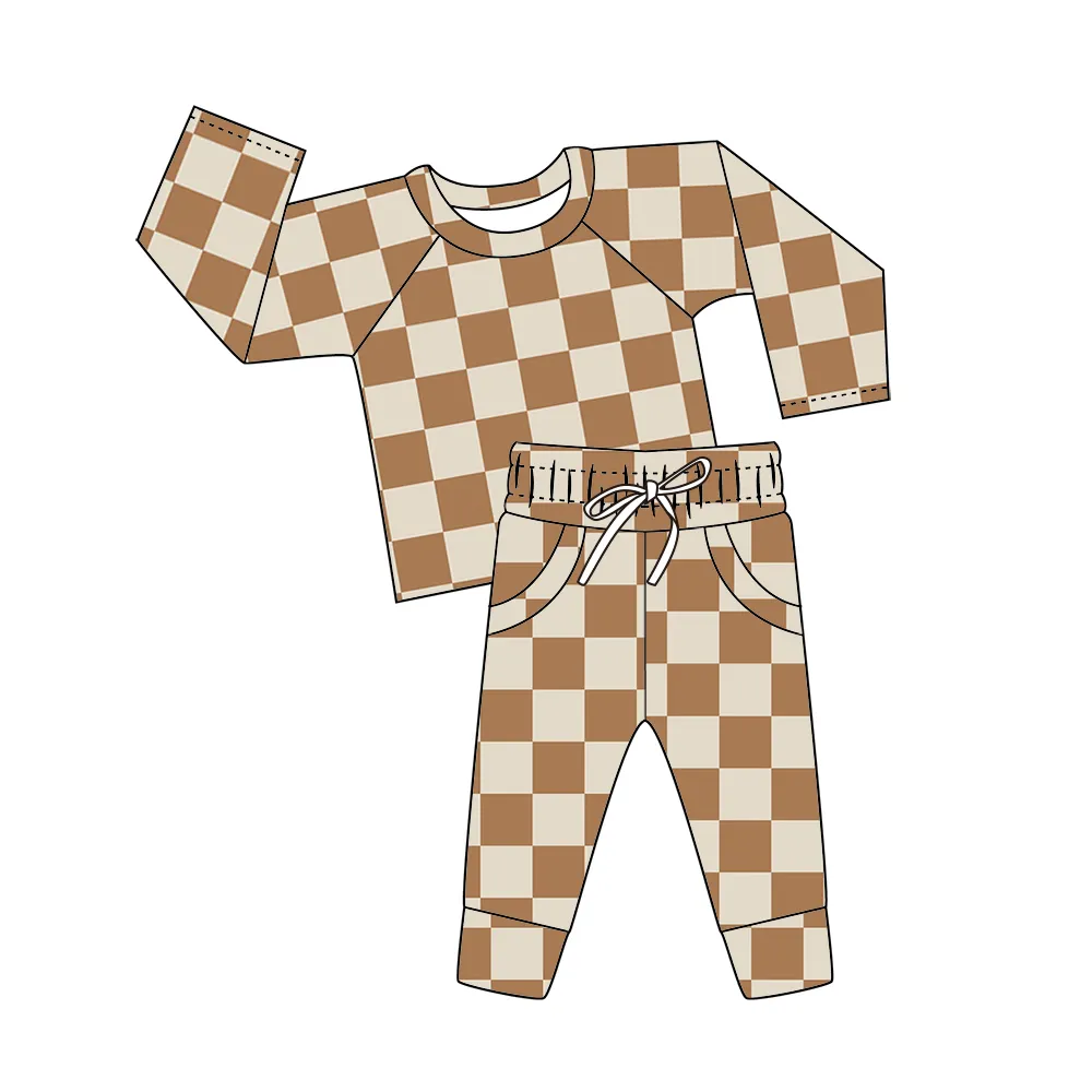 Custom moq 3 eta 7/8week moq 5 eta /4/5week Off-White & Brown Plaid Pocket Long Sleeve Suit