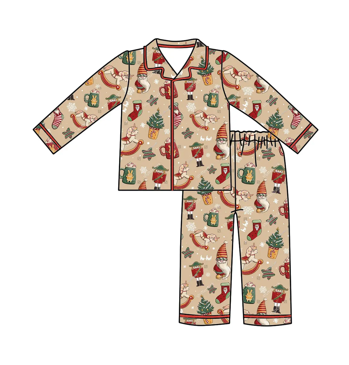 Custom moq 3 eta 7/8week moq 5 eta /4/5week Christmas Horse-Socks-Man Pattern Brown Button Cardigan Long Pajama Set