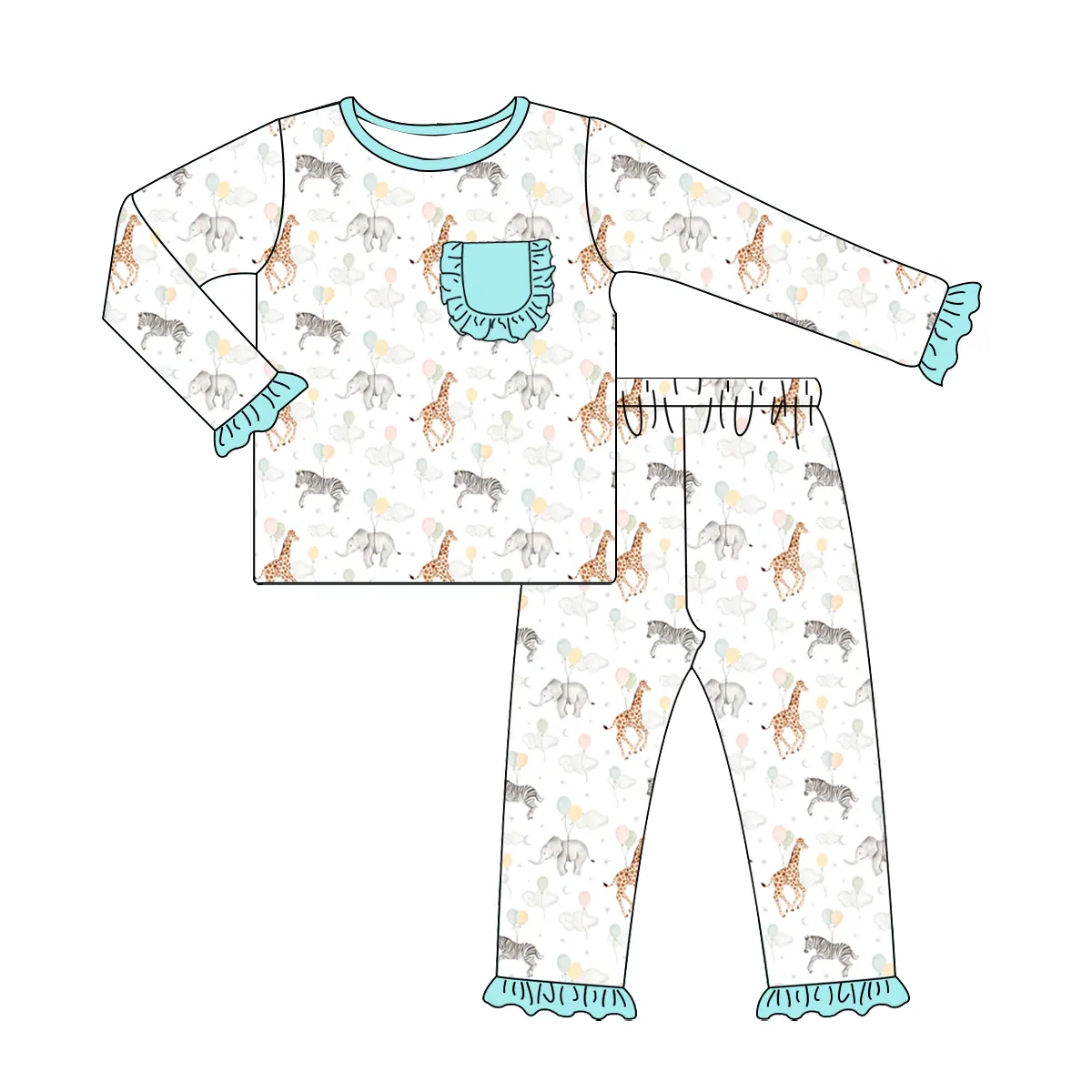 Custom moq 3 eta 7/8week moq 5 eta /4/5week Balloon elephant-zebra-giraffe pattern lake blue long-sleeved suit