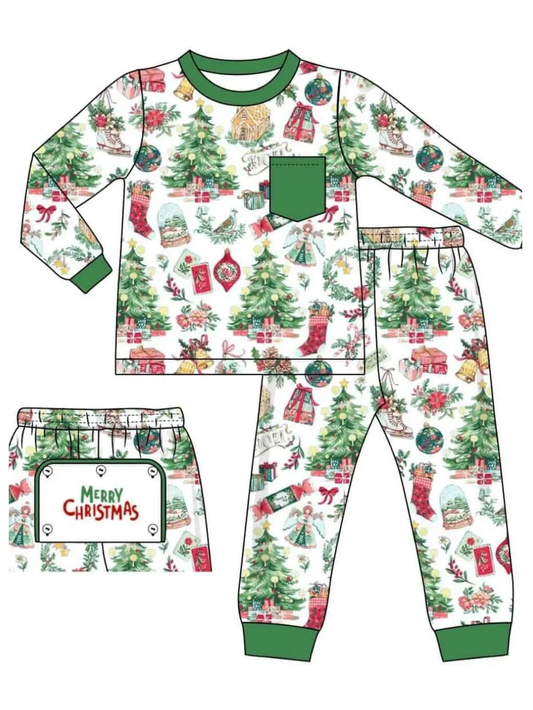 Custom moq 3 eta 7/8week moq 5 eta /4/5week Realistic Christmas Tree Pattern Green Pocket Long Sleeve Suit