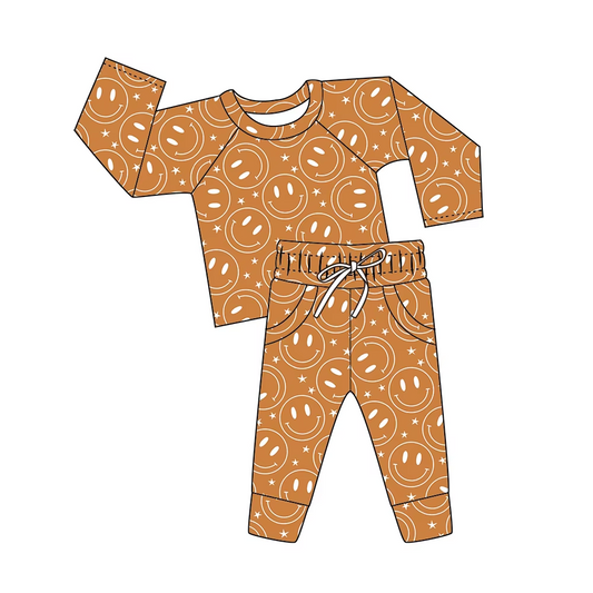 Custom moq 3 eta 7/8week moq 5 eta /4/5week White smiley face five-pointed star pattern brown and orange pocket long sleeve suit