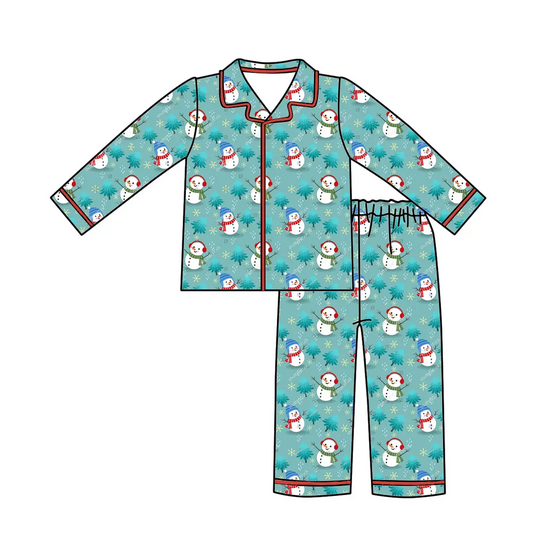 Custom moq 3 eta 7/8week moq 5 eta /4/5week Lake Green Snowman Tree Pattern Button Cardigan Long Pajama Set