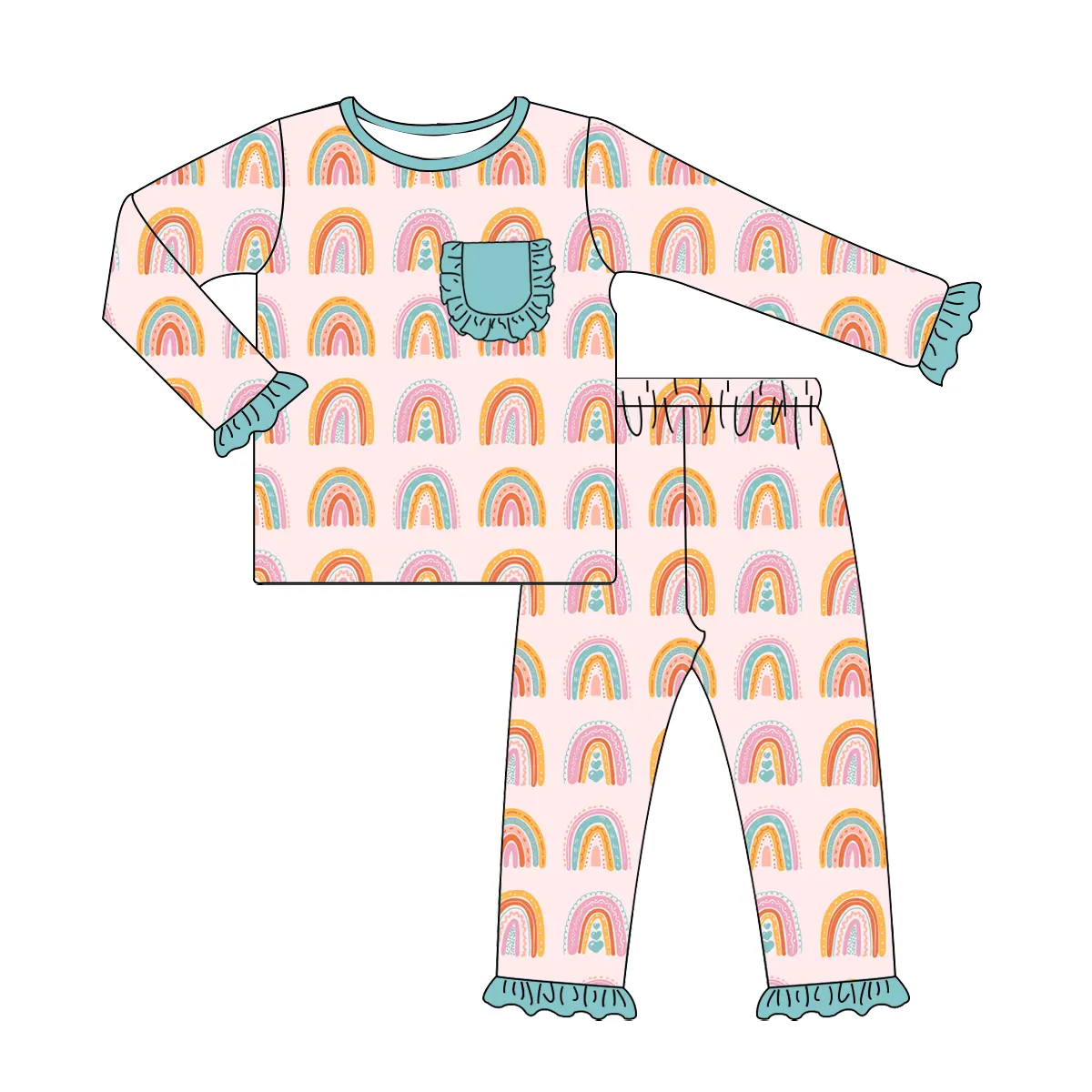 Custom moq 3 eta 7/8week moq 5 eta /4/5week Pink long-sleeved suit with rainbow pattern