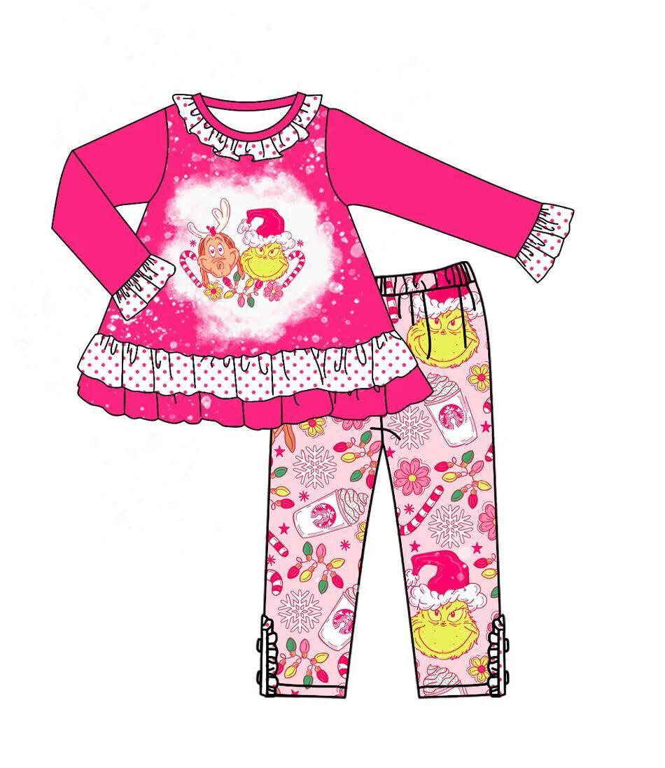 Custom moq 3 eta 7/8week moq 5 eta /4/5week Rose Pink Christmas Elk and Puppy Pattern Polka Dot Long Sleeve Suit