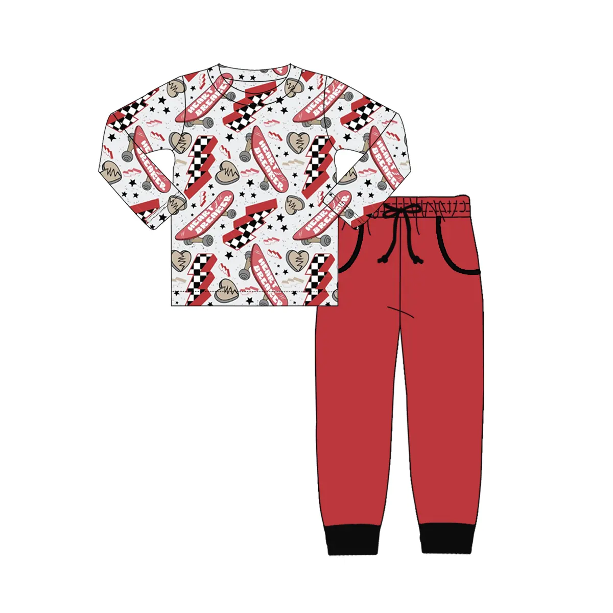 Custom moq 3 eta 7/8week moq 5 eta /4/5week Pink Skateboard = Broken Heart-Plaid Lightning Pattern Gray Long Sleeve Top & Red Pants Set