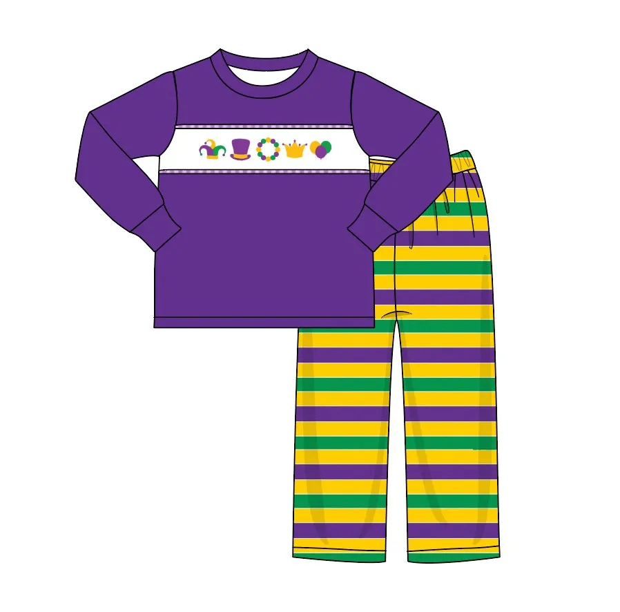 Custom moq 3 eta 7/8week moq 5 eta /4/5week Circus Purple Long Sleeve Top - Purple, Yellow and Green Striped Pants Set