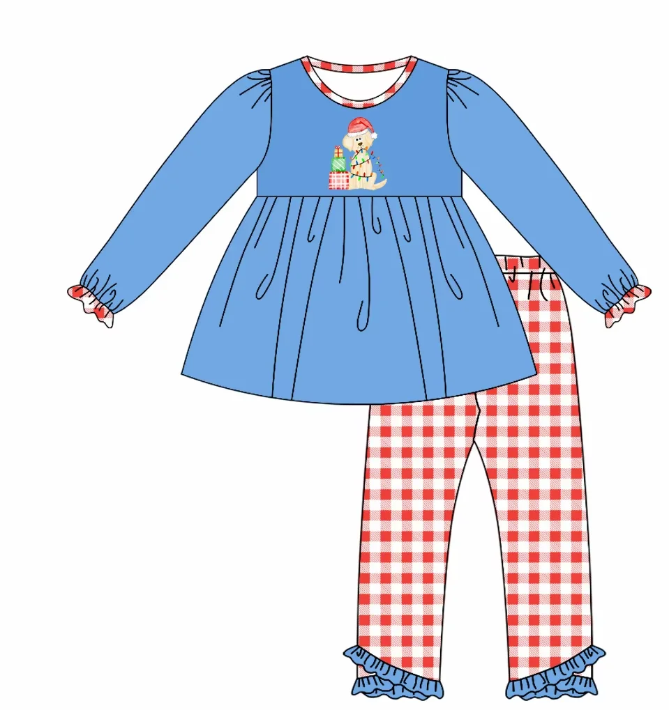 Custom moq 3 eta 7/8week moq 5 eta /4/5week Christmas Gift Puppy Blue Ruffle Cuff Long Sleeve Top - Red Plaid Pants Set