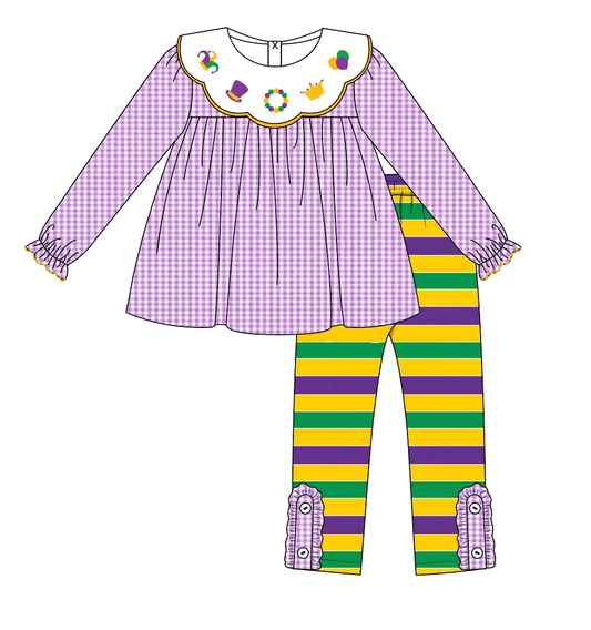 Custom moq 3 eta 7/8week moq 5 eta /4/5week Circus Purple Plaid Lace Neck Long Sleeve Top - Purple Yellow Green Striped Pants Set