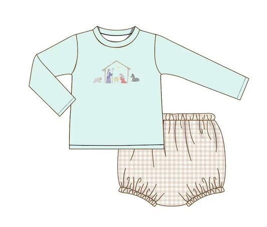 Custom moq 3 eta 7/8week moq 5 eta /4/5week Baby Nativity Light Green Long Sleeve Top - Brown Plaid Thong Set