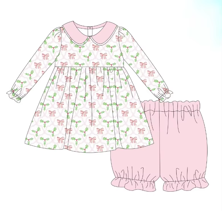 Custom moq 3 eta 7/8week moq 5 eta /4/5week Pink Bow & Green Christmas Bow Tie Pattern Baby Collar Long Sleeve Bloomers Shorts Set