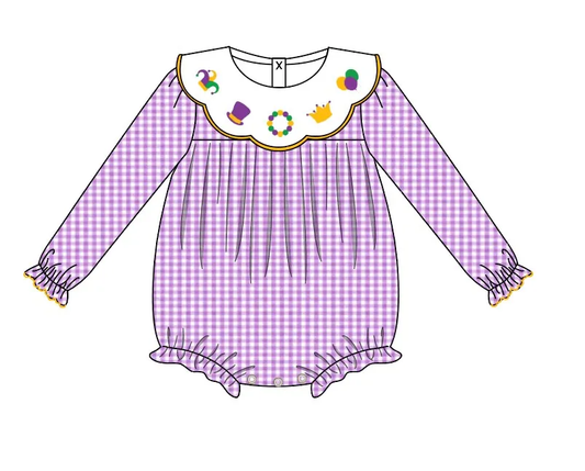 Custom moq 3 eta 7/8week moq 5 eta /4/5week Circus Purple Plaid Lace Neckline Long Sleeve Short Romper