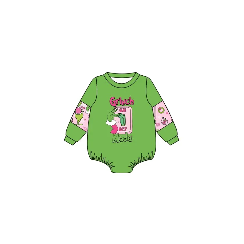 Custom moq 3 eta 7/8week moq 5 eta /4/5week Pink switch letter pattern green long-sleeved short romper