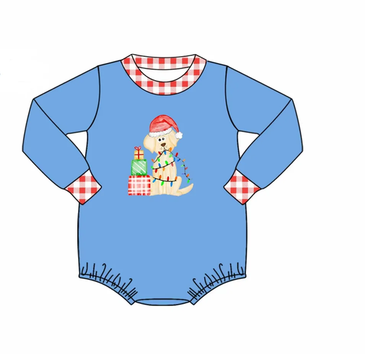 Custom moq 3 eta 7/8week moq 5 eta /4/5week Christmas gift puppy blue long-sleeved short romper