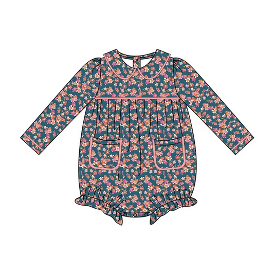 Custom moq 3 eta 7/8week moq 5 eta /4/5week Small floral doll collar long sleeve short jumpsuit