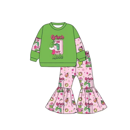 Custom moq 3 eta 7/8week moq 5 eta /4/5week Pink Switch Letter Pattern Green Long Sleeve Top & Pink Flared Pants Set