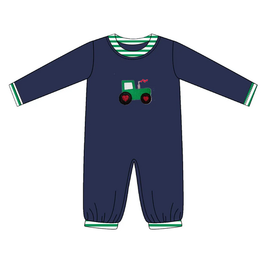 Custom moq 3 eta 7/8week moq 5 eta /4/5week Navy blue long romper with green truck embroidery