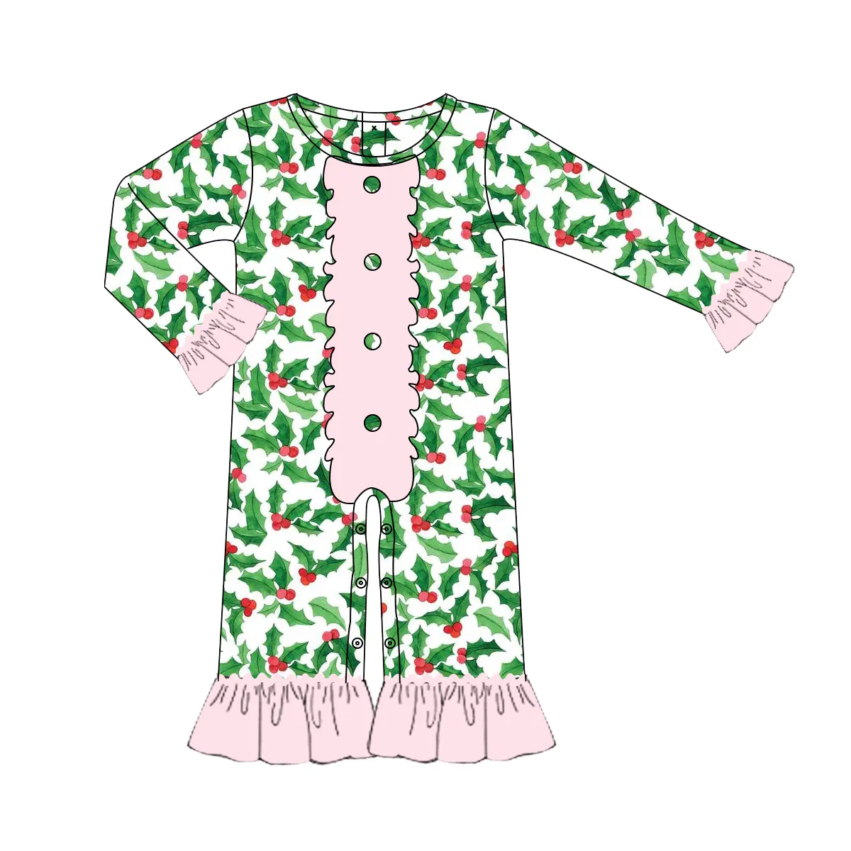 Custom moq 3 eta 6-8 weeks Green Christmas bow tie pattern pink ruffled cuffs - button long sleeve romper