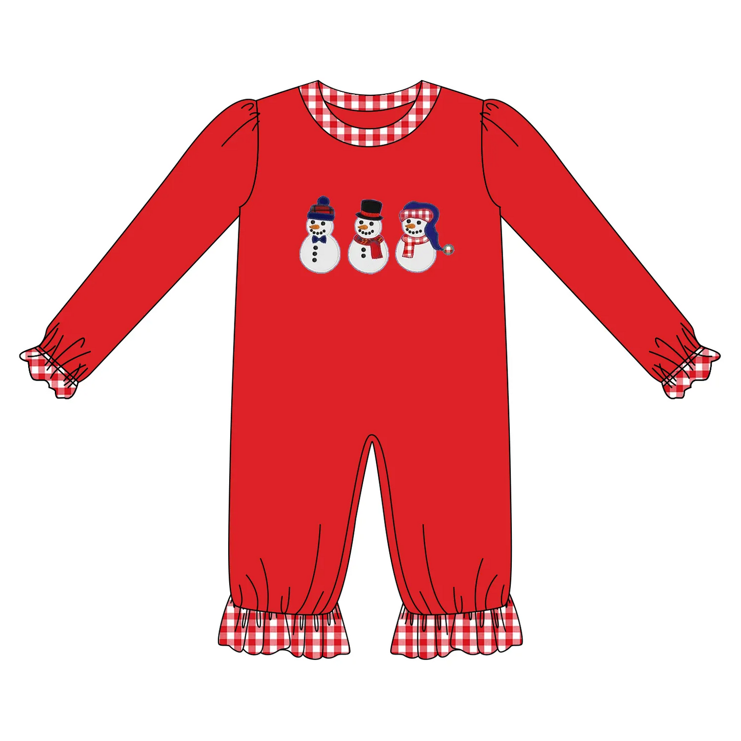 Custom moq 3 eta 7/8week moq 5 eta /4/5week Three Shapes Snowman Pattern Red Ruffled Lace Cuffs Long Romper