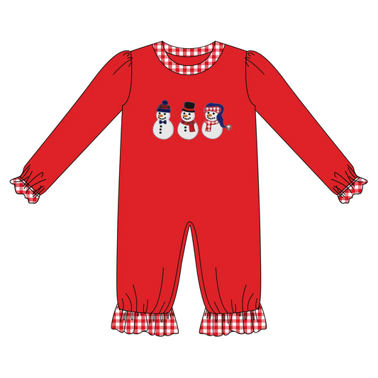 Custom moq 3 eta 7/8week moq 5 eta /4/5week Three Shapes Snowman Pattern Red Ruffled Lace Cuffs Long Romper