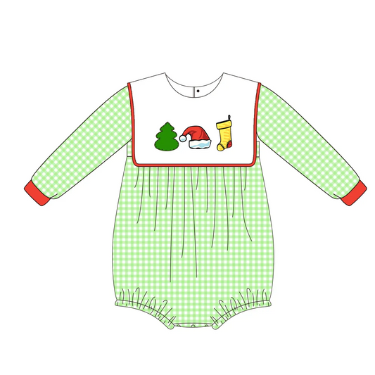 Custom moq 3 eta 7/8week moq 5 eta /4/5week White square collar green plaid long sleeve short romper