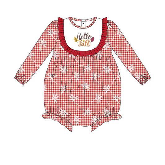 Custom moq 3 eta 7/8week moq 5 eta /4/5week  White dandelion pattern red plaid long-sleeved short romper