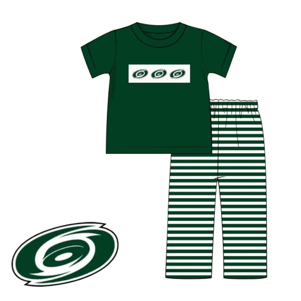 Custom moq 3 eta 7/8week moq 5 eta /4/5week Whirlwind pattern dark green short-sleeved and striped pants suit