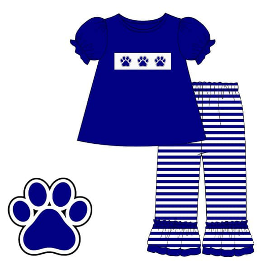 Custom moq 3 eta 7/8week moq 5 eta /4/5week Blue Puff Short Sleeve and Striped Pants Set with Puppy Paw Print