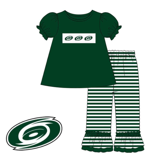 Custom moq 3 eta 7/8week moq 5 eta /4/5week Whirlwind Pattern Dark Green Puff Short Sleeve-Striped Pants Set