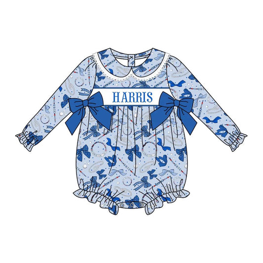 Custom moq 3 eta 7/8week moq 5 eta /4/5week  Pearl necklace jewelry pattern blue bow decoration lace edge baby collar long sleeve short romper