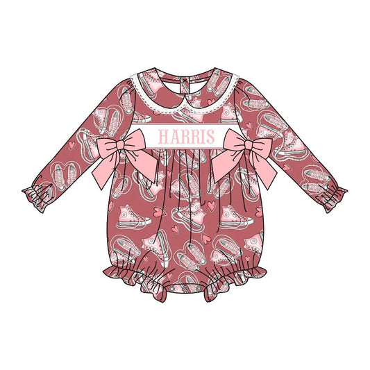 Custom moq 3 eta 7/8week moq 5 eta /4/5week  Pink canvas shoes pattern bow decoration bean paste color long sleeve short romper