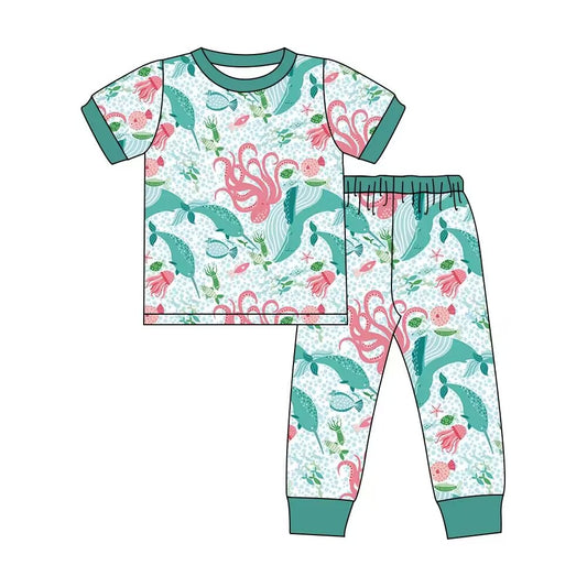 Custom moq 3 eta 7/8week moq 5 eta /4/5week Lake Green Octopus & Shark Pattern Short Sleeve Pants Set