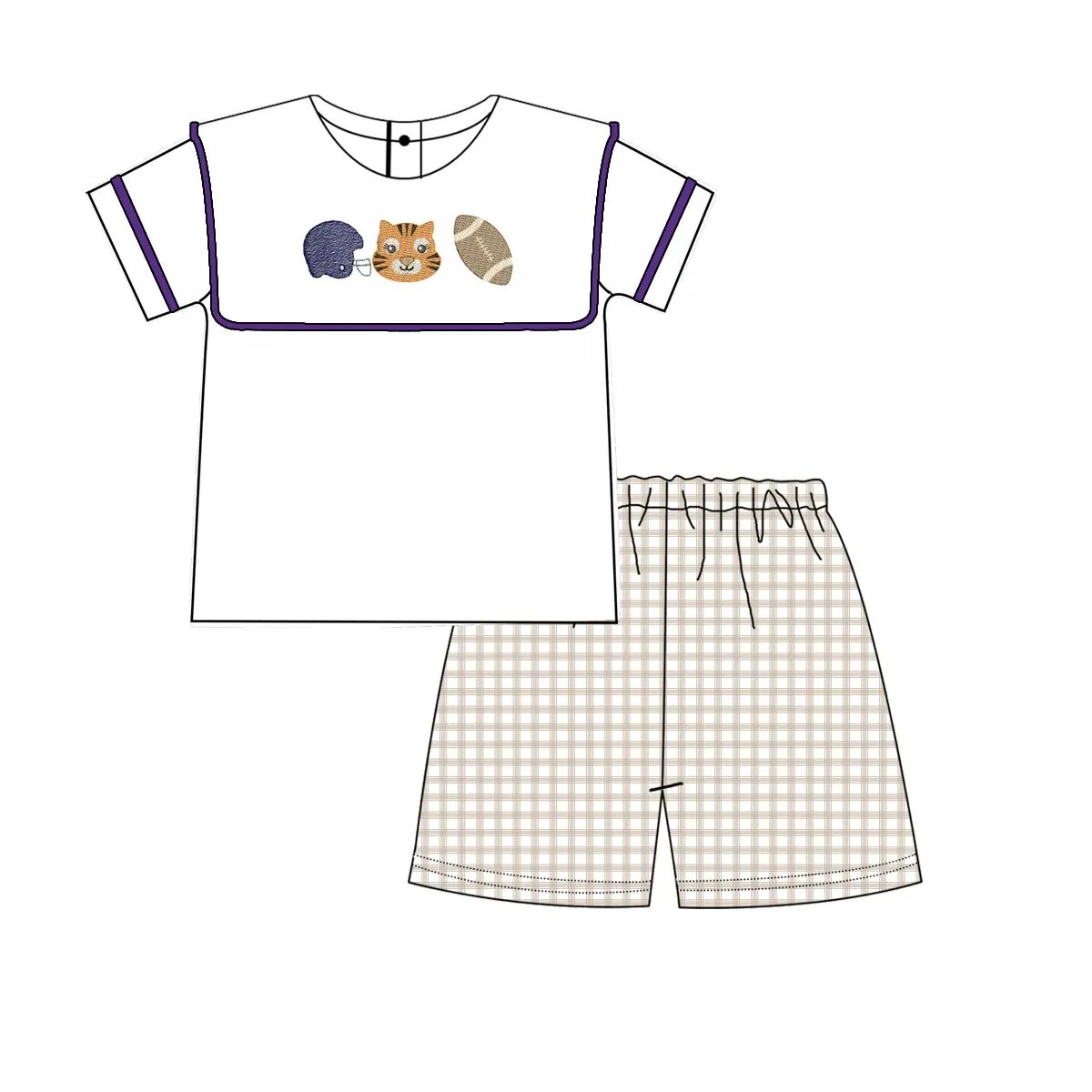 Custom moq 3 eta 7/8week moq 5 eta /4/5week Helmet-Cat-Oval Pattern White Square Neck Short Sleeve Top-Light Brown Plaid Shorts Set