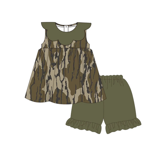 Custom moq 3 eta 7/8week moq 5 eta /4/5week Dark Brown Camouflage Petal Neck Sleeveless Top and Shorts Set