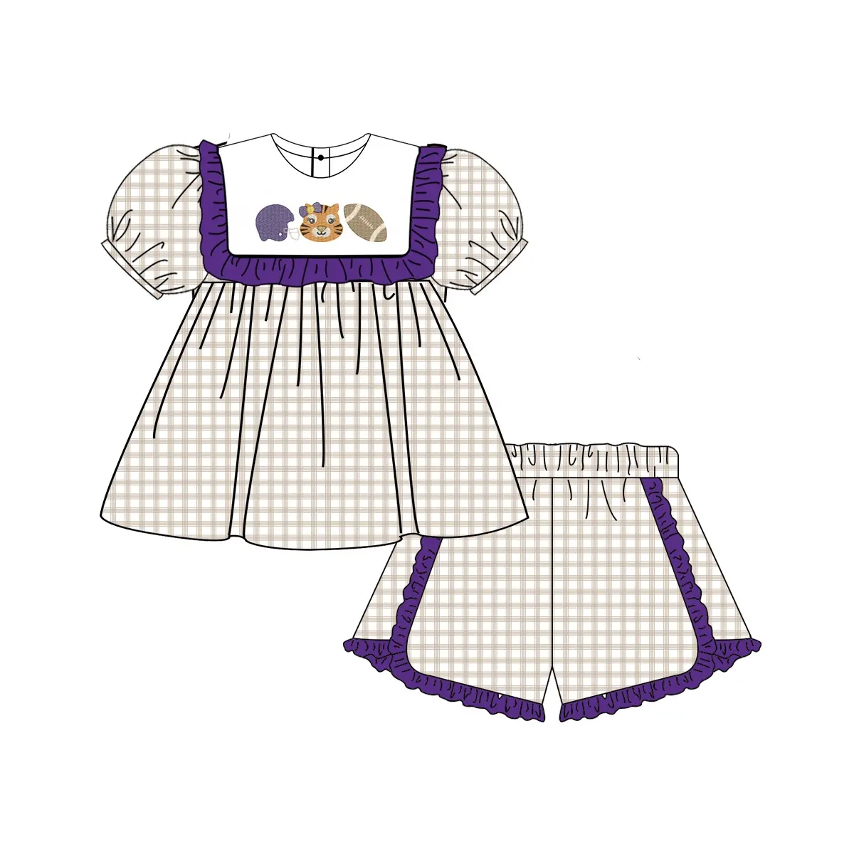 Custom moq 3 eta 7/8week moq 5 eta /4/5week Helmet-Cat-Oval Pattern Purple Pleated Light Brown Square Neck Bubble Short Sleeve Shorts Set