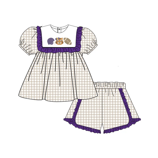 Custom moq 3 eta 7/8week moq 5 eta /4/5week Helmet-Cat-Oval Pattern Purple Pleated Light Brown Square Neck Bubble Short Sleeve Shorts Set