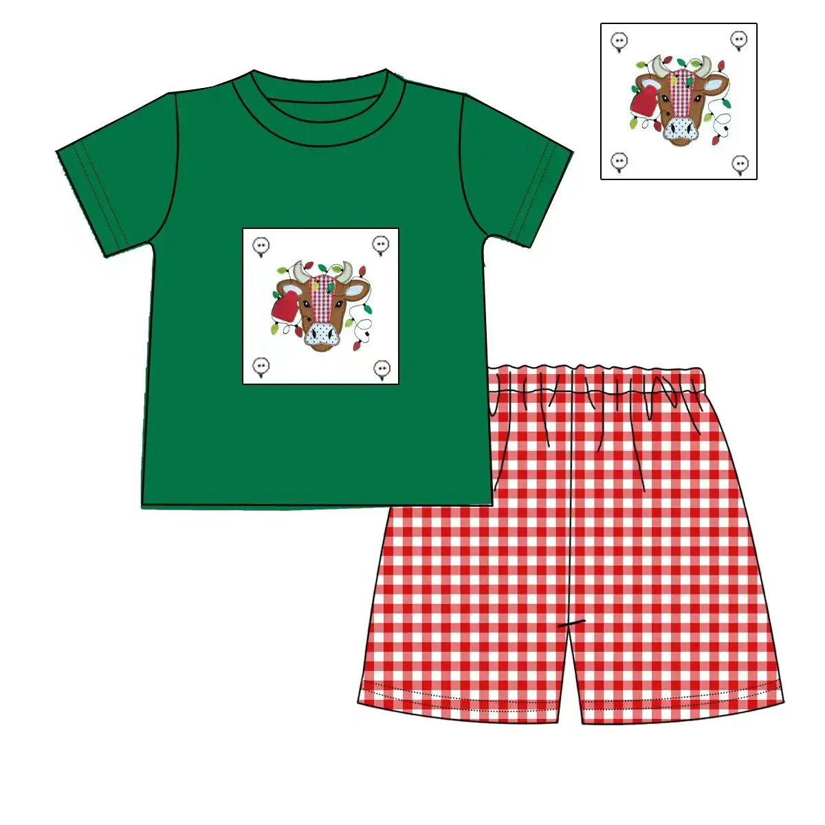 Custom moq 3 eta 7/8week moq 5 eta /4/5week Green short-sleeved top with colorful lantern and bull head pattern - red plaid shorts set