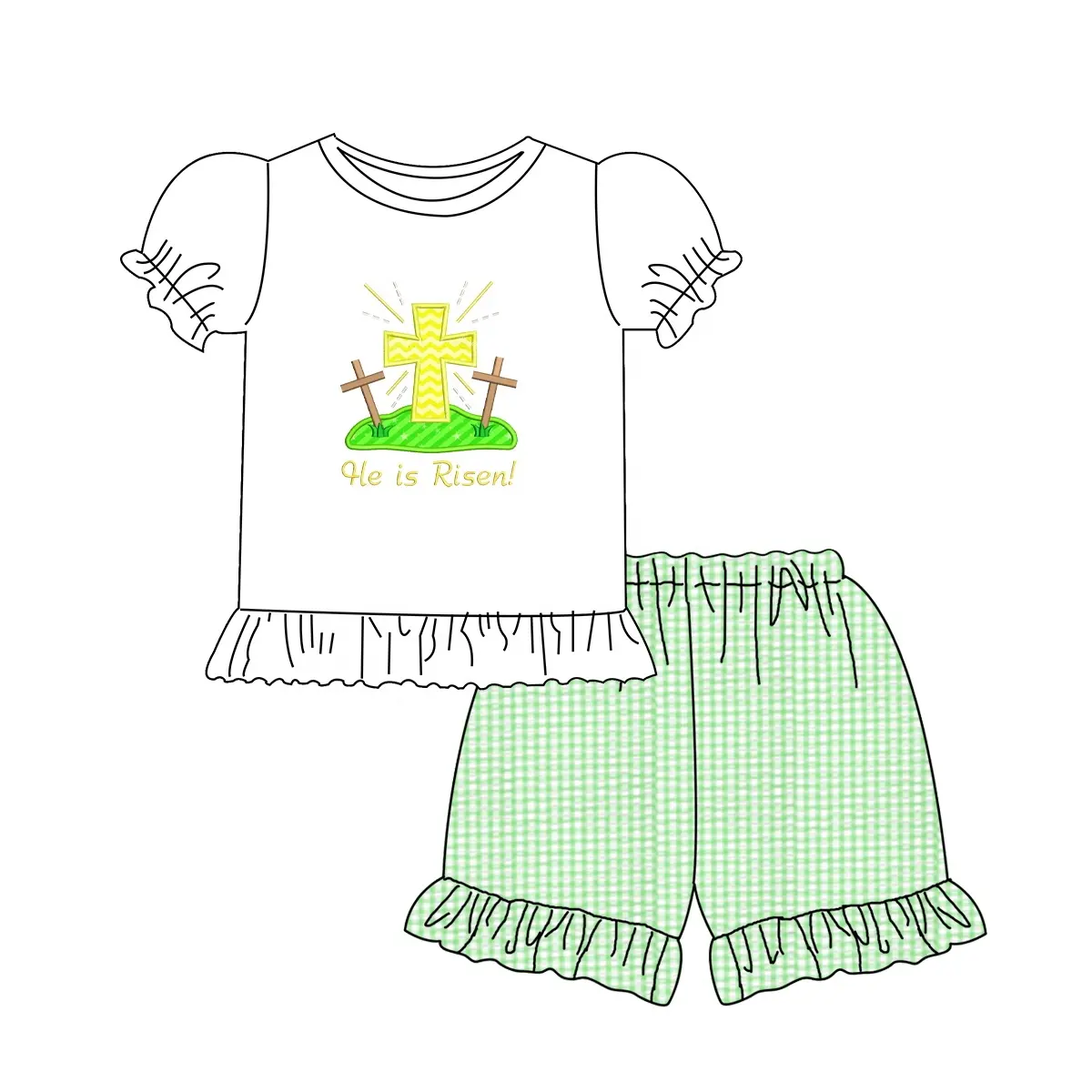 Custom moq 3 eta 7/8week moq 5 eta /4/5week White Bubble Short Sleeve Top with Embroidered Cross Pattern - Green Plaid Shorts Set