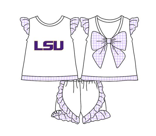 Custom moq 3 eta 7/8week moq 5 eta /4/5week Purple plaid flying sleeves and bow tie short-sleeved shorts suit with LSU pattern