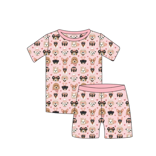 Custom moq 3 eta 7/8week moq 5 eta /4/5week  Pink Heart Puppy Short Sleeve Shorts Suit